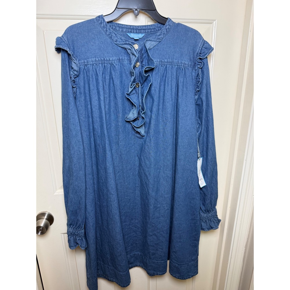 Draper James RSVP Womens LS Ruffle Bib Denim Dress Medium Wash XXL